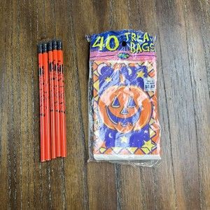 Vintage 80's 90's Halloween Treat Bags and 5 Pencils Pumpkin Witch Ghost *READ